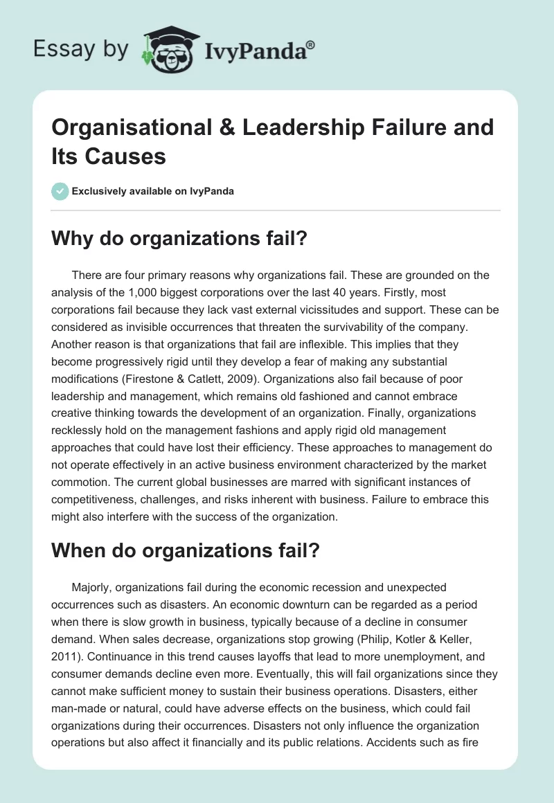 Organisational & Leadership Failure and Its Causes. Page 1