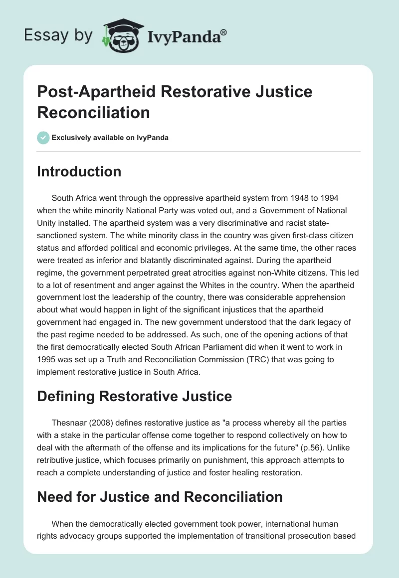 Post-Apartheid Restorative Justice Reconciliation. Page 1