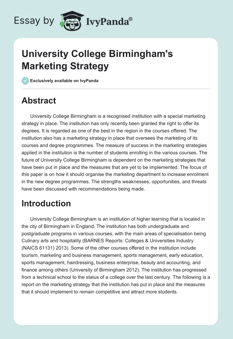 University College Birmingham's Marketing Strategy. Page 1