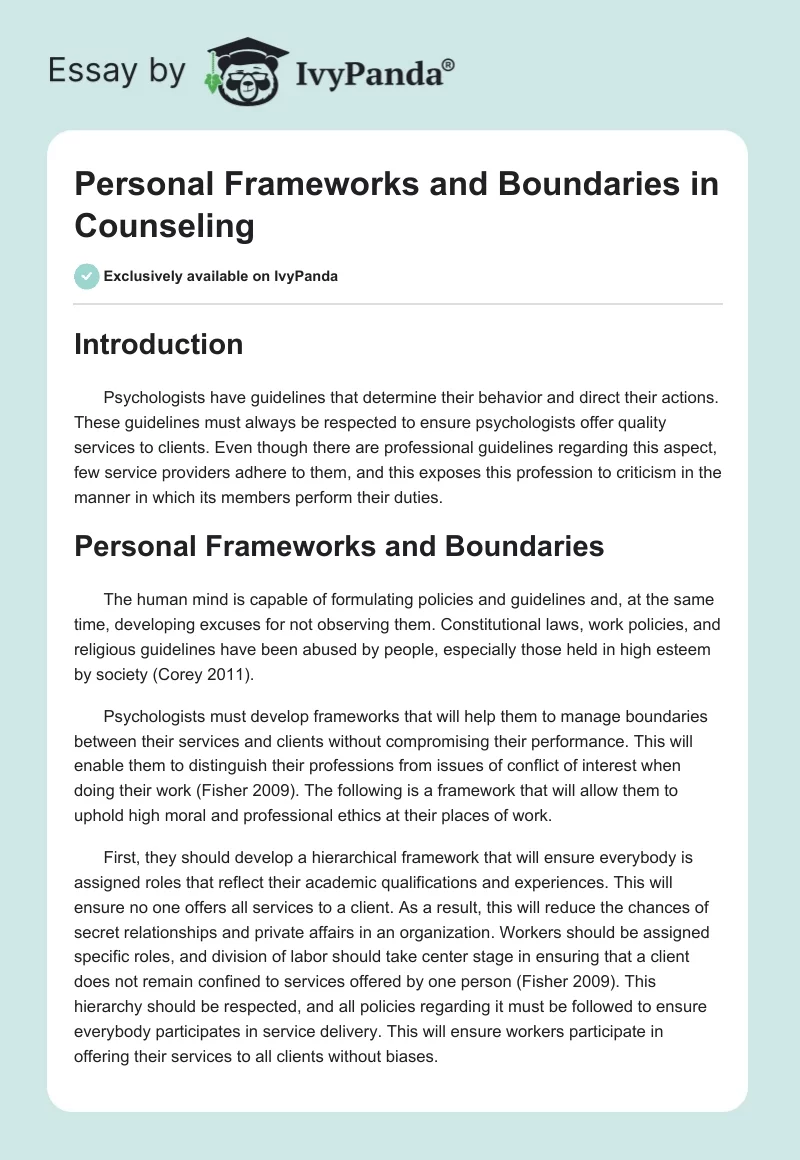 Personal Frameworks and Boundaries in Counseling. Page 1