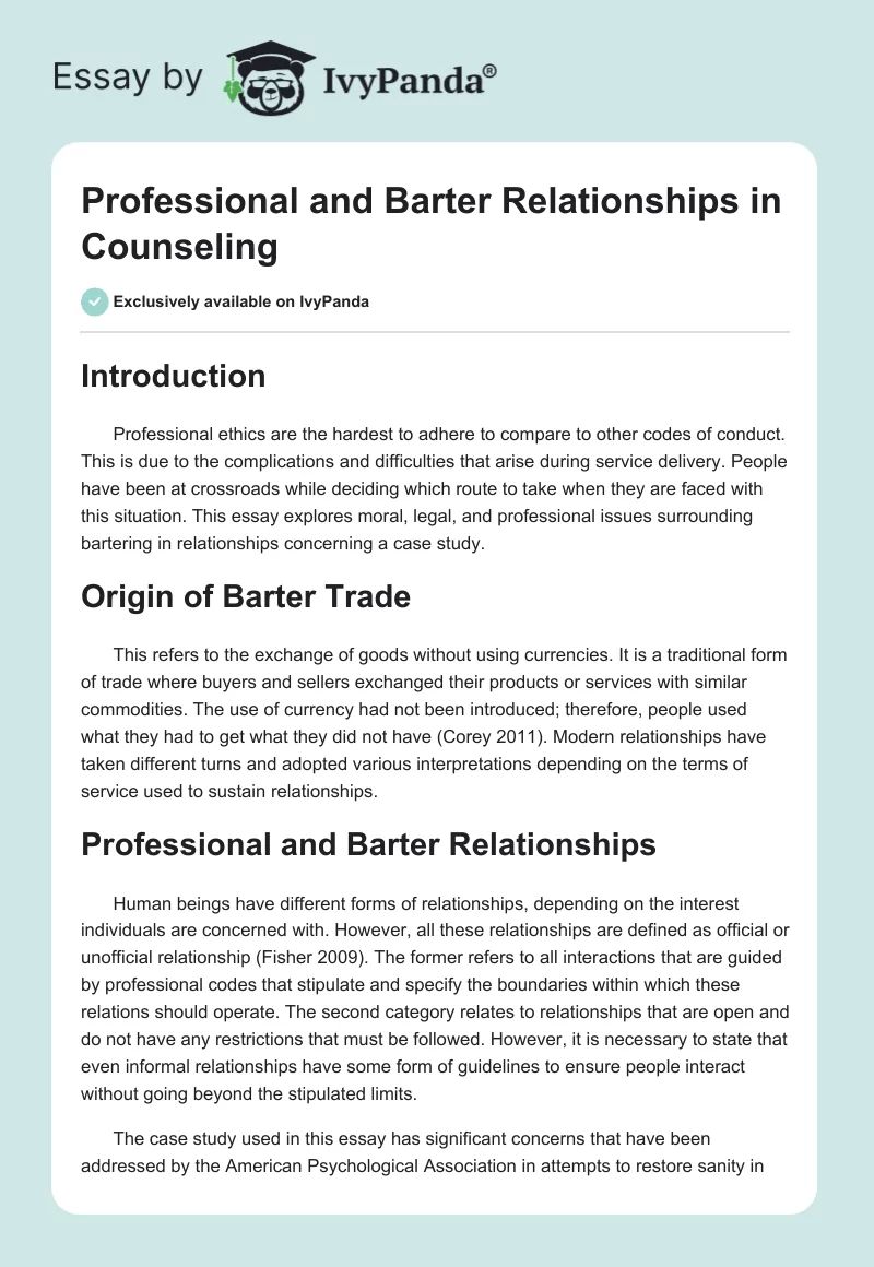Professional and Barter Relationships in Counseling. Page 1