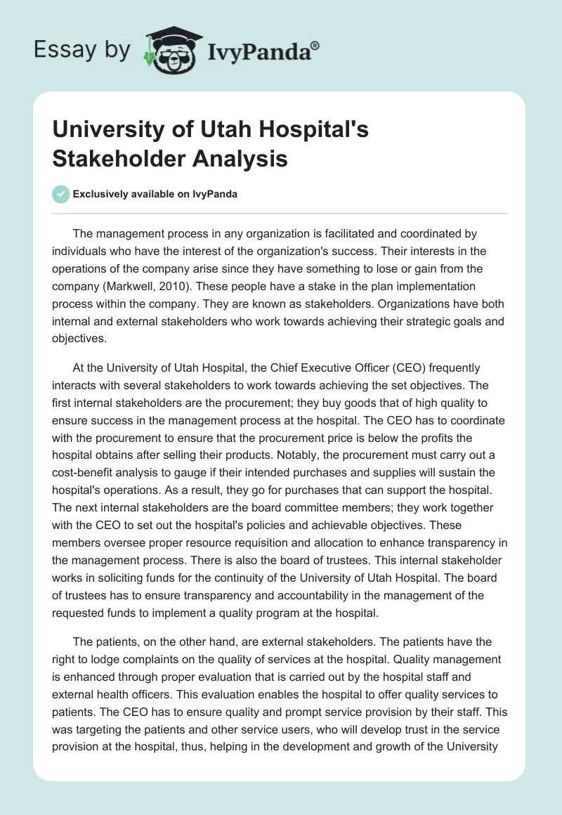 University of Utah Hospital's Stakeholder Analysis. Page 1