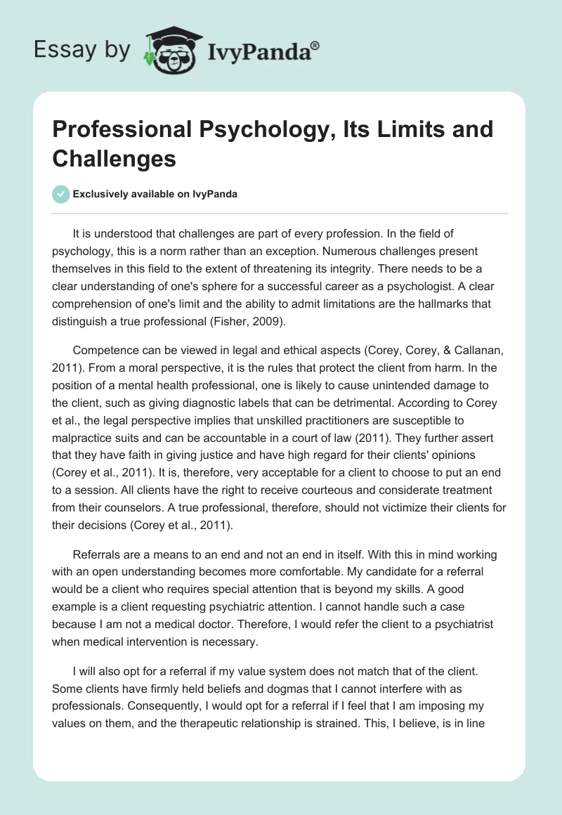 Professional Psychology, Its Limits and Challenges. Page 1