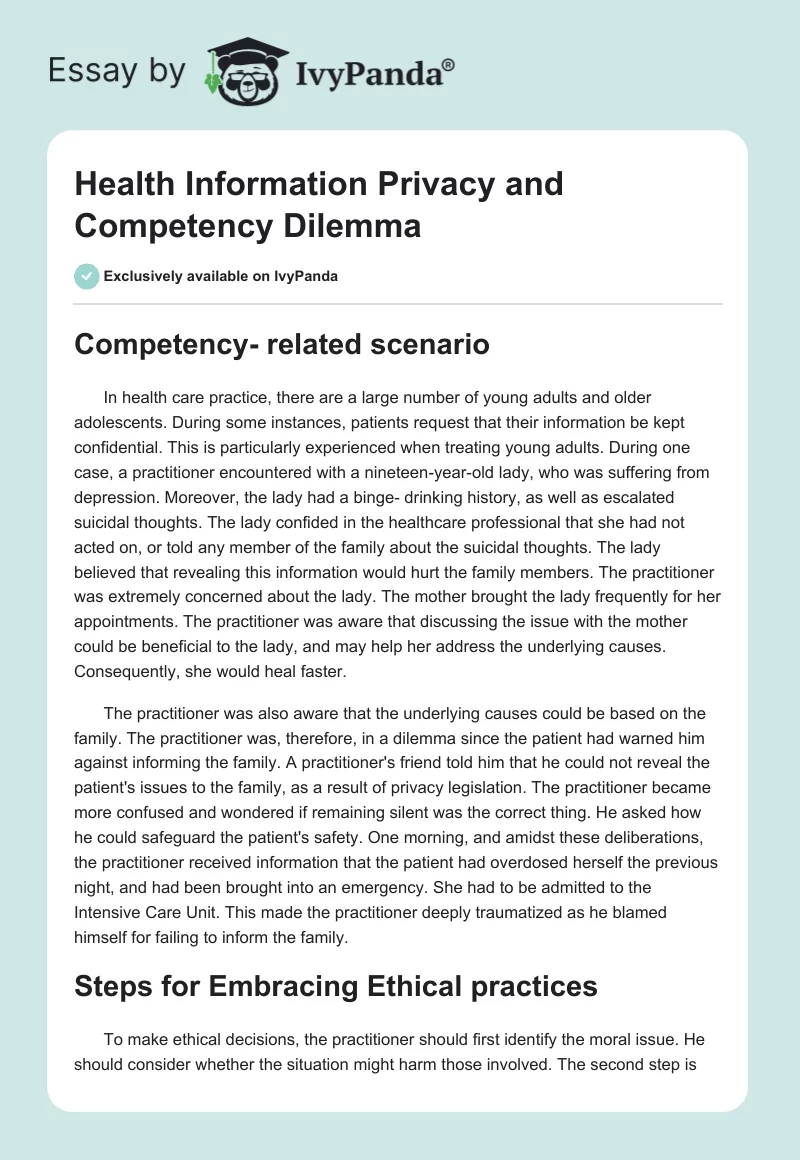 Health Information Privacy and Competency Dilemma. Page 1