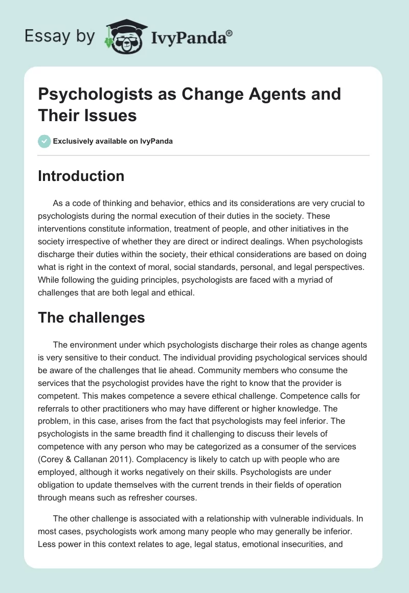 Psychologists as Change Agents and Their Issues. Page 1
