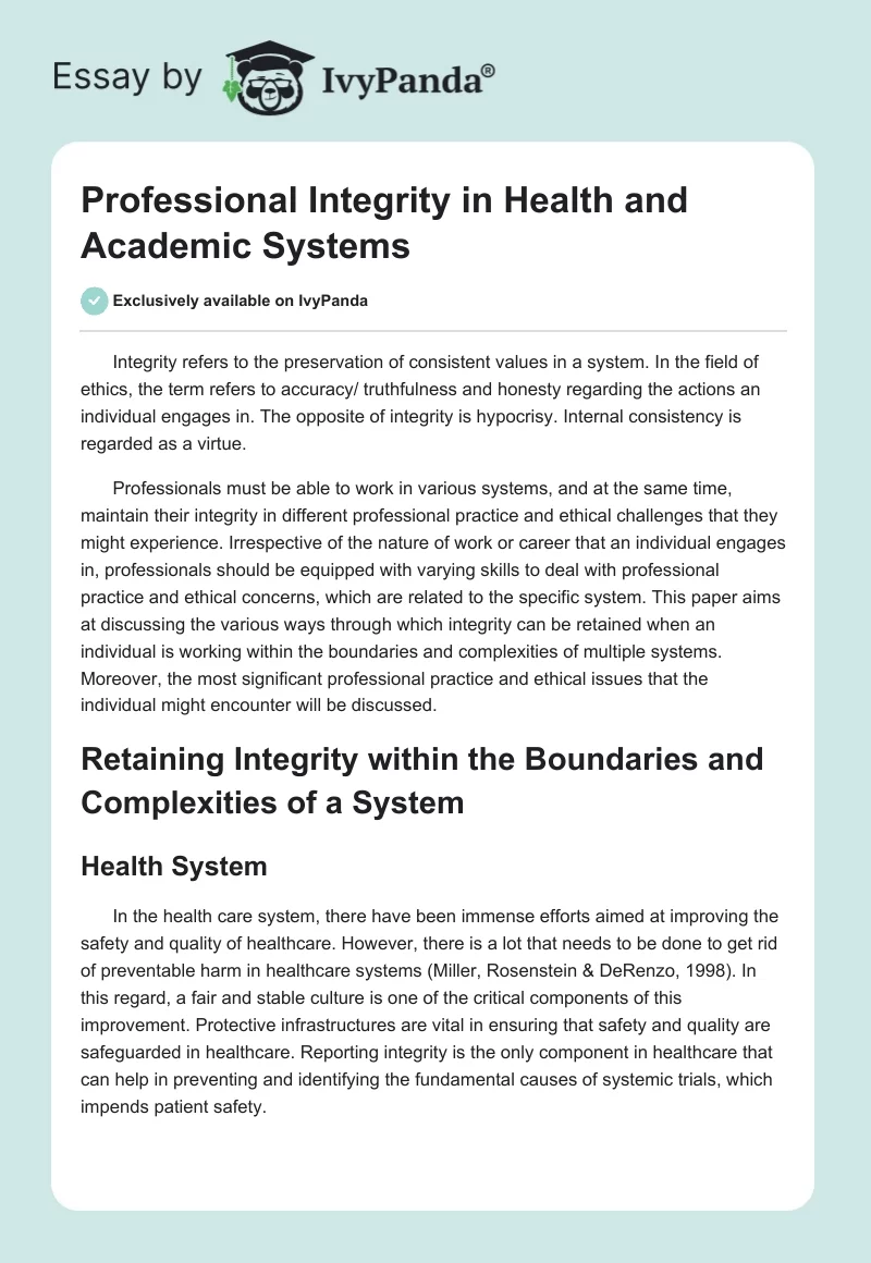 Professional Integrity in Health and Academic Systems. Page 1