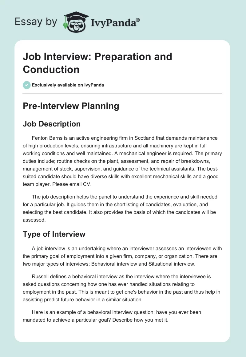 Job Interview: Preparation and Conduction. Page 1