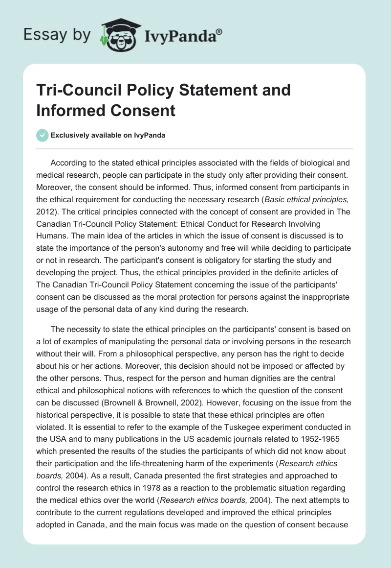 Tri-Council Policy Statement and Informed Consent. Page 1