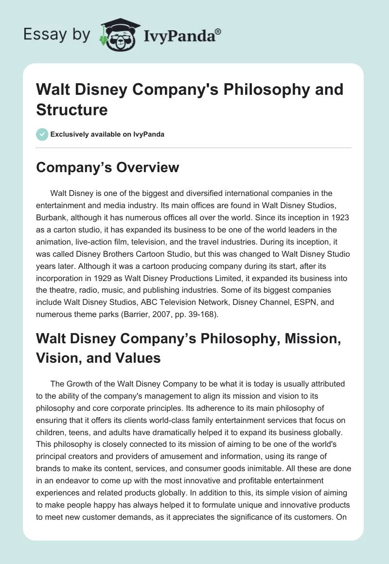 Walt Disney Company's Philosophy and Structure. Page 1