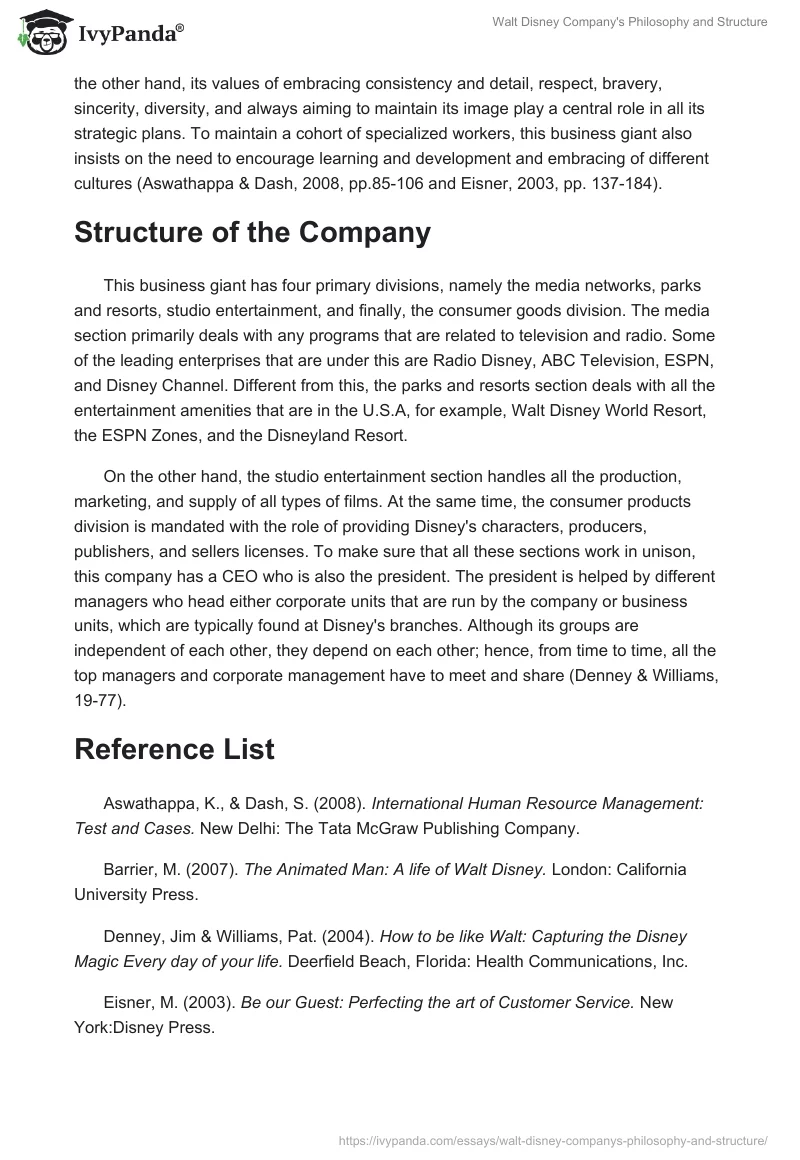 Walt Disney Company's Philosophy and Structure. Page 2