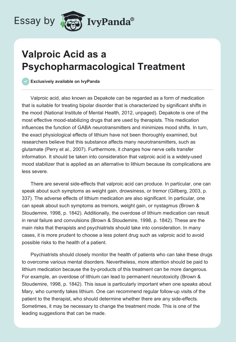 Valproic Acid as a Psychopharmacological Treatment. Page 1