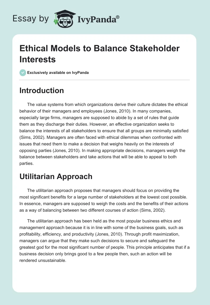 Ethical Models to Balance Stakeholder Interests. Page 1