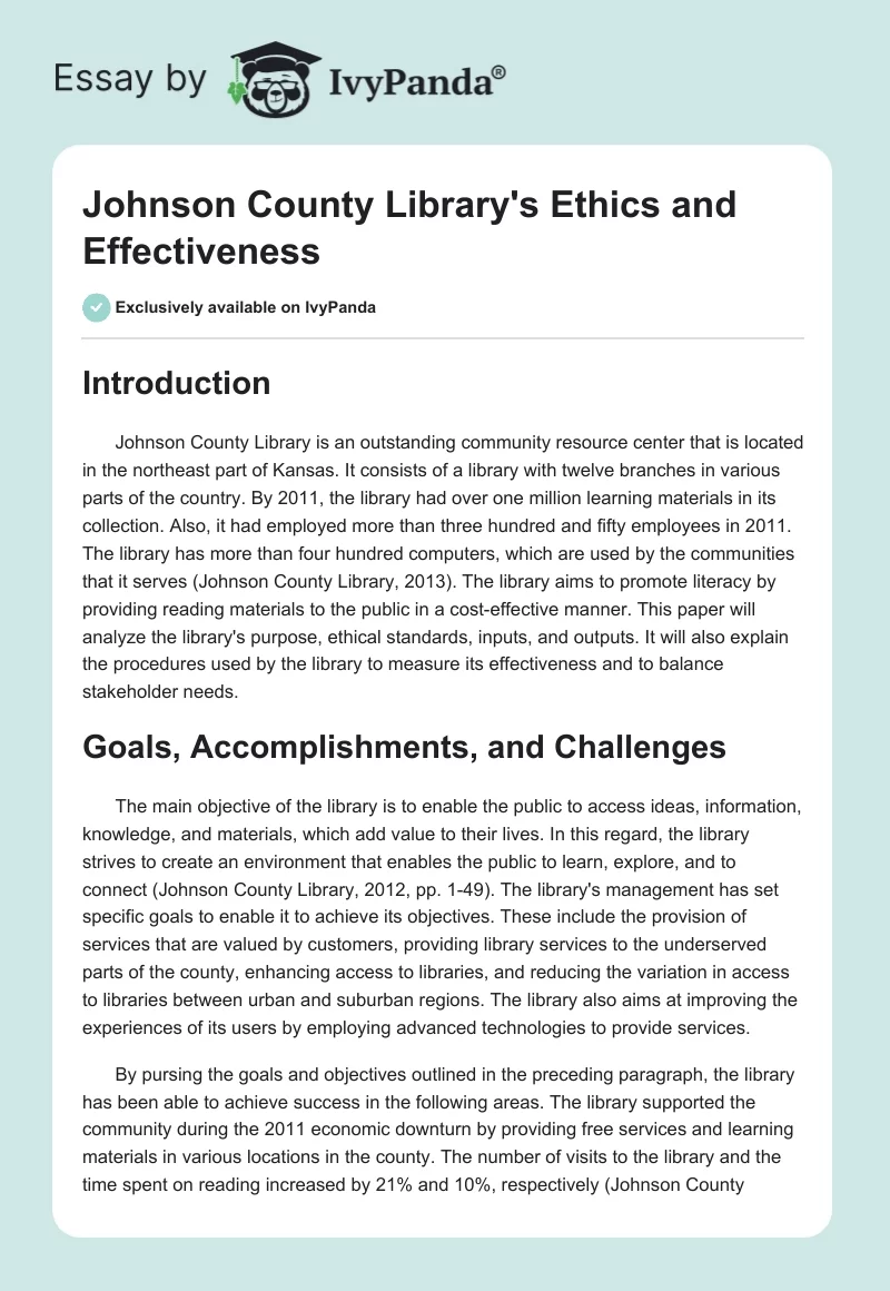 Johnson County Library's Ethics and Effectiveness. Page 1
