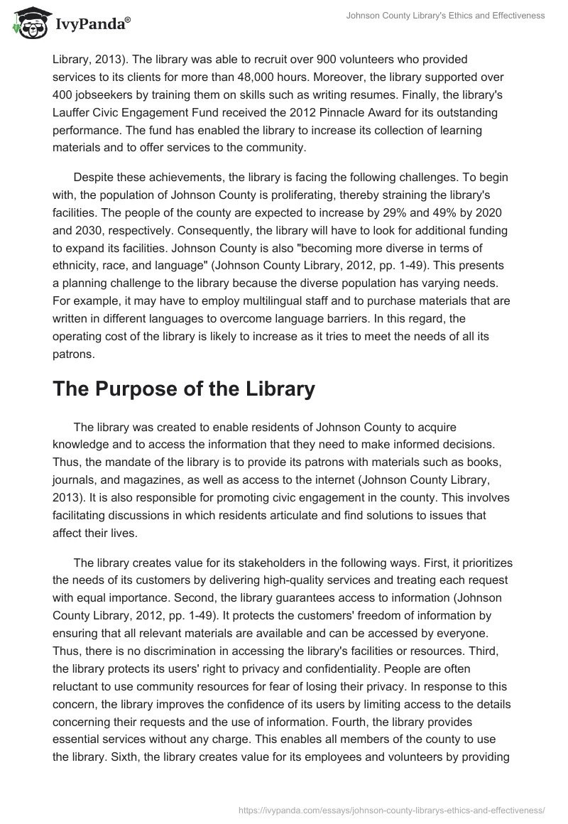 Johnson County Library's Ethics and Effectiveness. Page 2