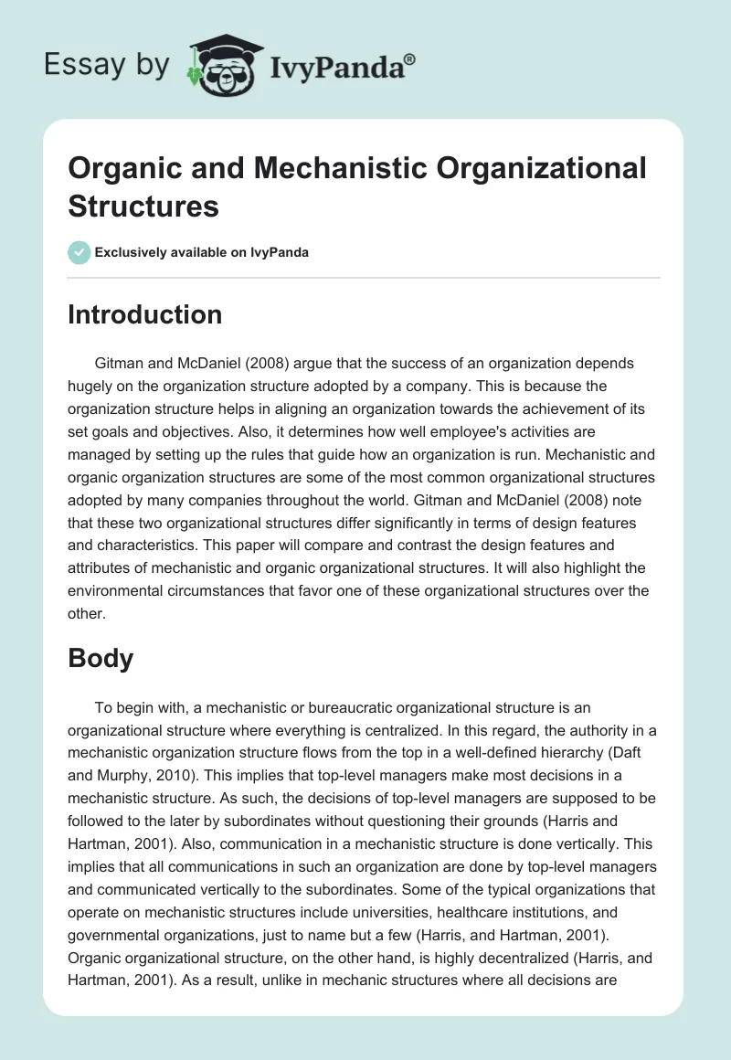 Organic and Mechanistic Organizational Structures. Page 1
