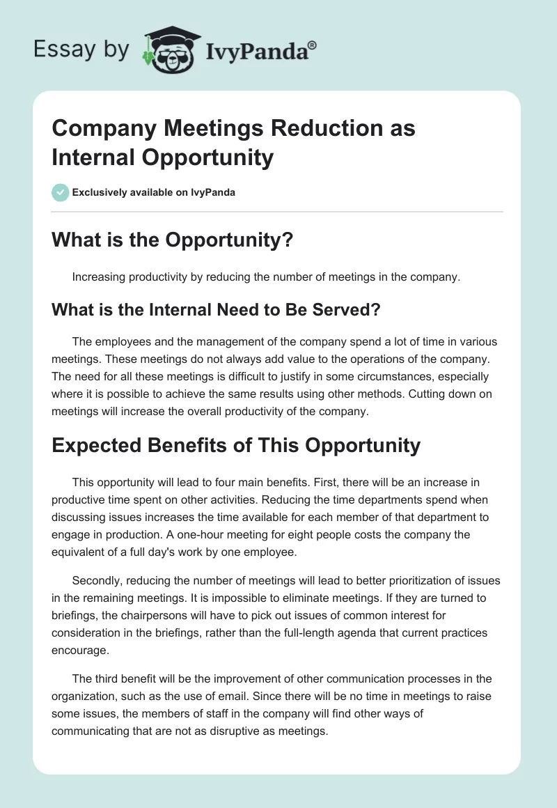 Company Meetings Reduction as Internal Opportunity. Page 1