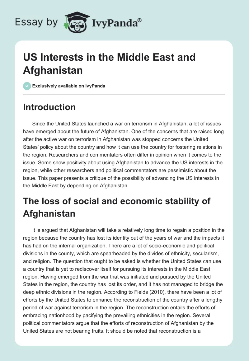 US Interests in the Middle East and Afghanistan. Page 1