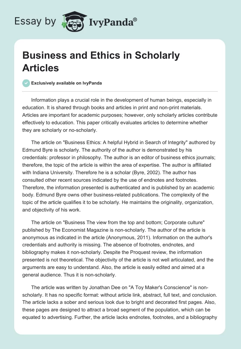 Business and Ethics in Scholarly Articles. Page 1