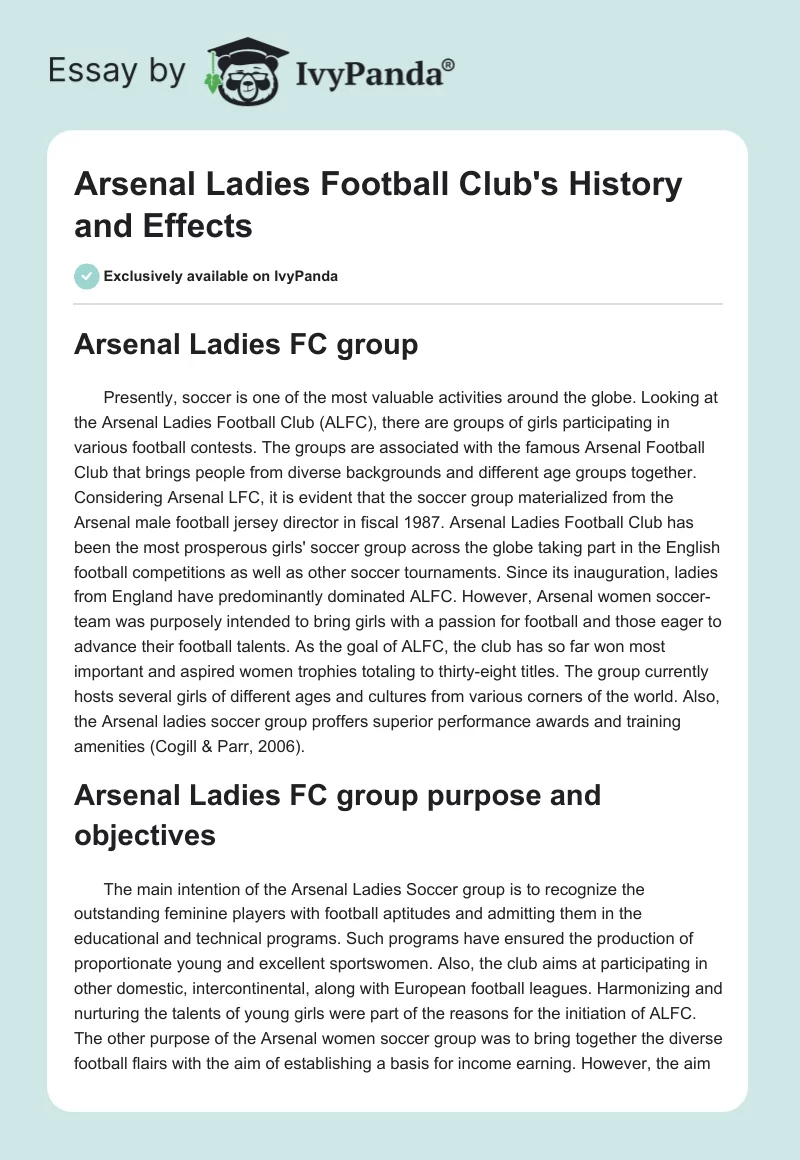 Arsenal Ladies Football Club's History and Effects. Page 1