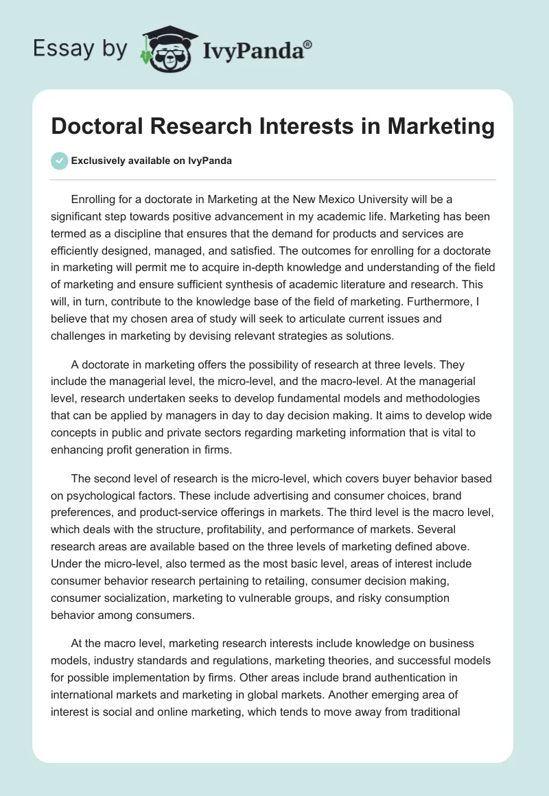 Doctoral Research Interests in Marketing. Page 1