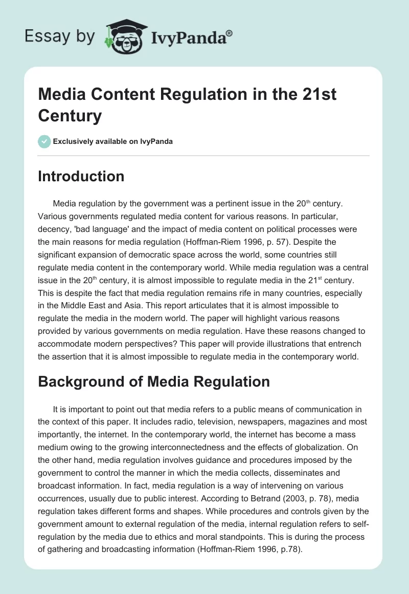 Media Content Regulation in the 21st Century. Page 1