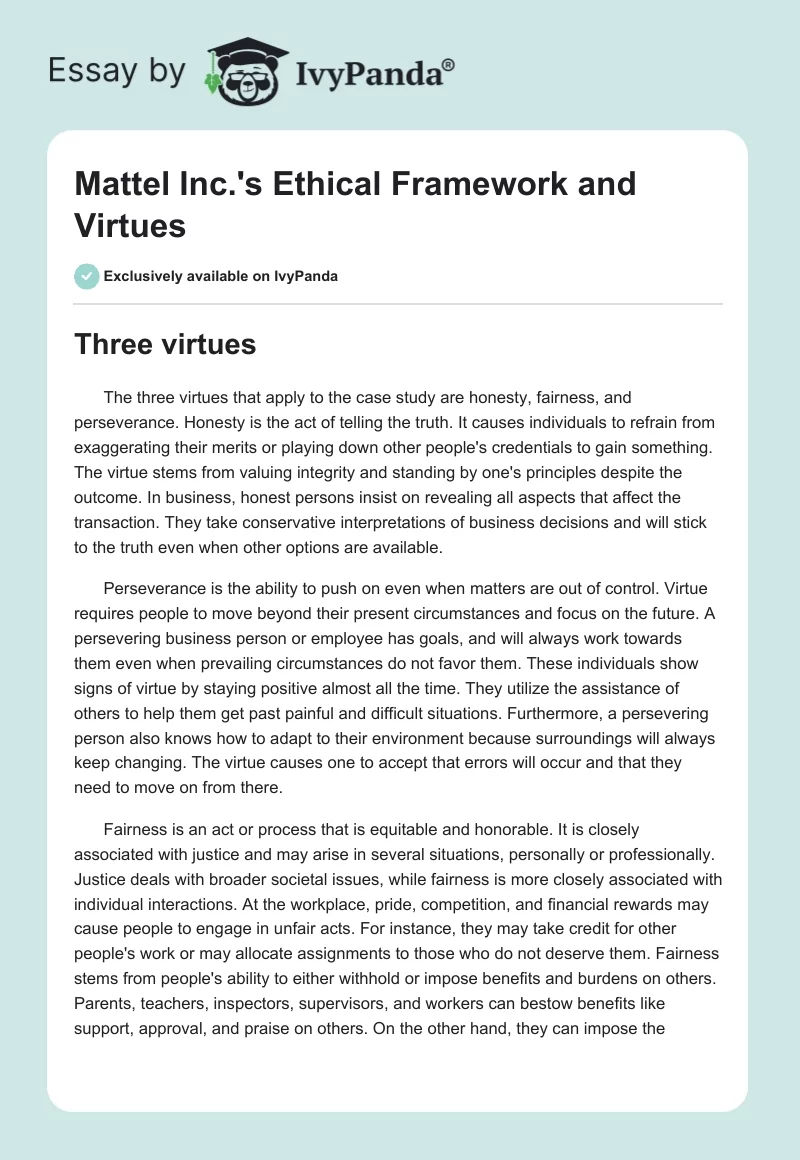 Mattel Inc.'s Ethical Framework and Virtues. Page 1