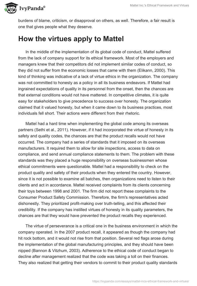 Mattel Inc.'s Ethical Framework and Virtues. Page 2