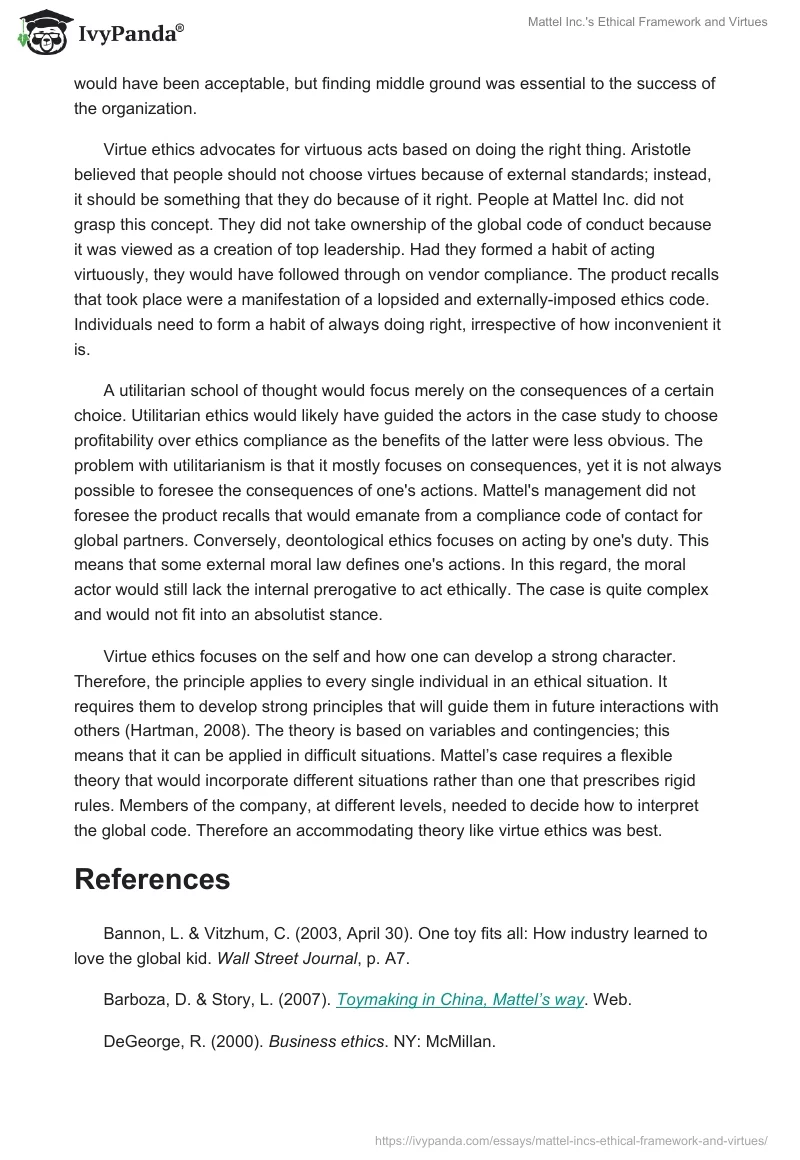 Mattel Inc.'s Ethical Framework and Virtues. Page 4
