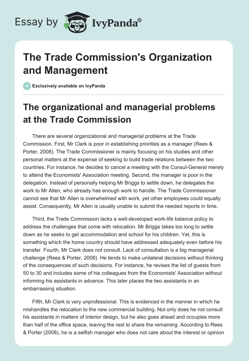 The Trade Commission's Organization and Management. Page 1