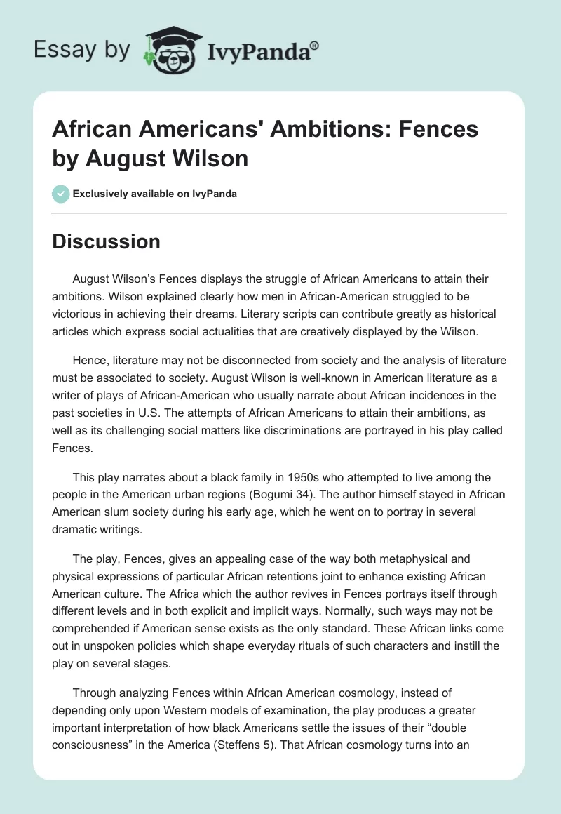 African Americans' Ambitions: "Fences" by August Wilson. Page 1