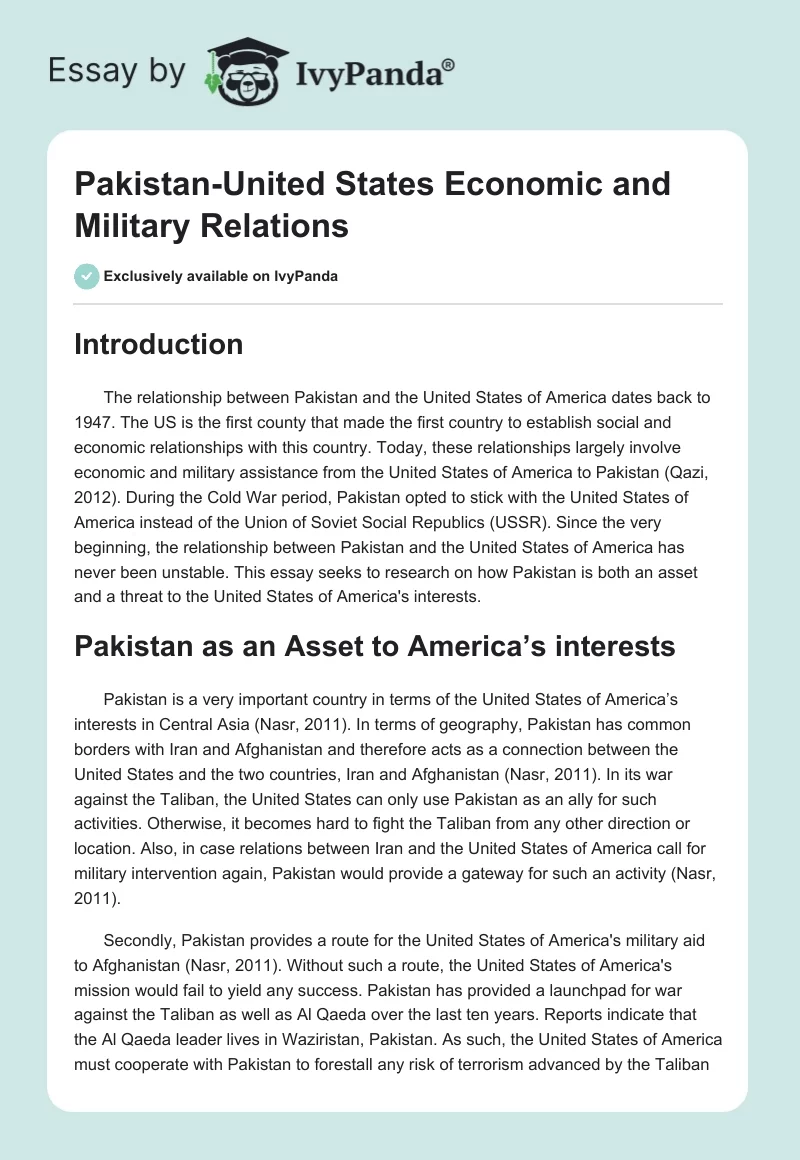 Pakistan-United States Economic and Military Relations. Page 1