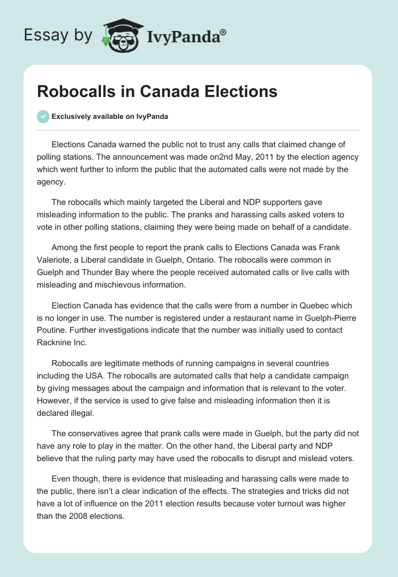 Robocalls in Canada Elections. Page 1