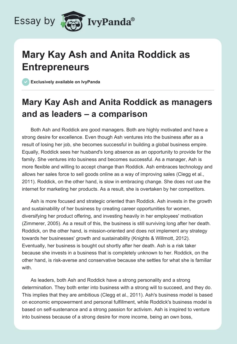 Mary Kay Ash and Anita Roddick as Entrepreneurs. Page 1