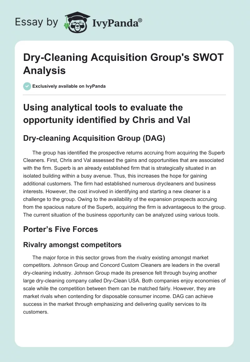 Dry-Cleaning Acquisition Group's SWOT Analysis. Page 1
