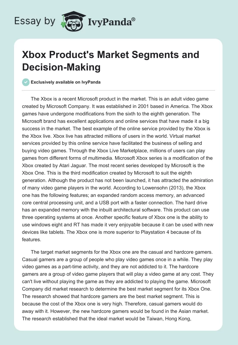 Xbox Product's Market Segments and Decision-Making. Page 1