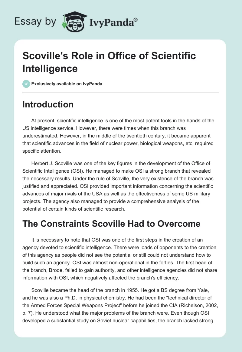 Scoville's Role in Office of Scientific Intelligence. Page 1