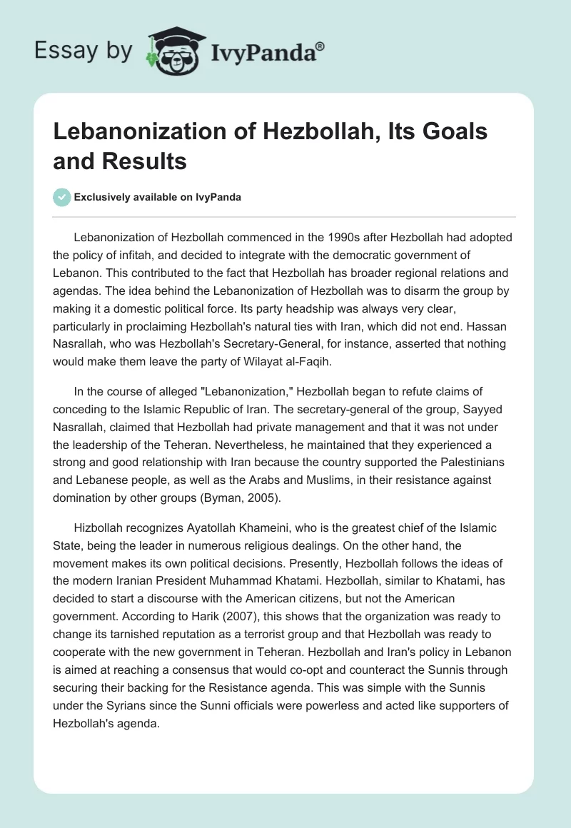 Lebanonization of Hezbollah, Its Goals and Results. Page 1