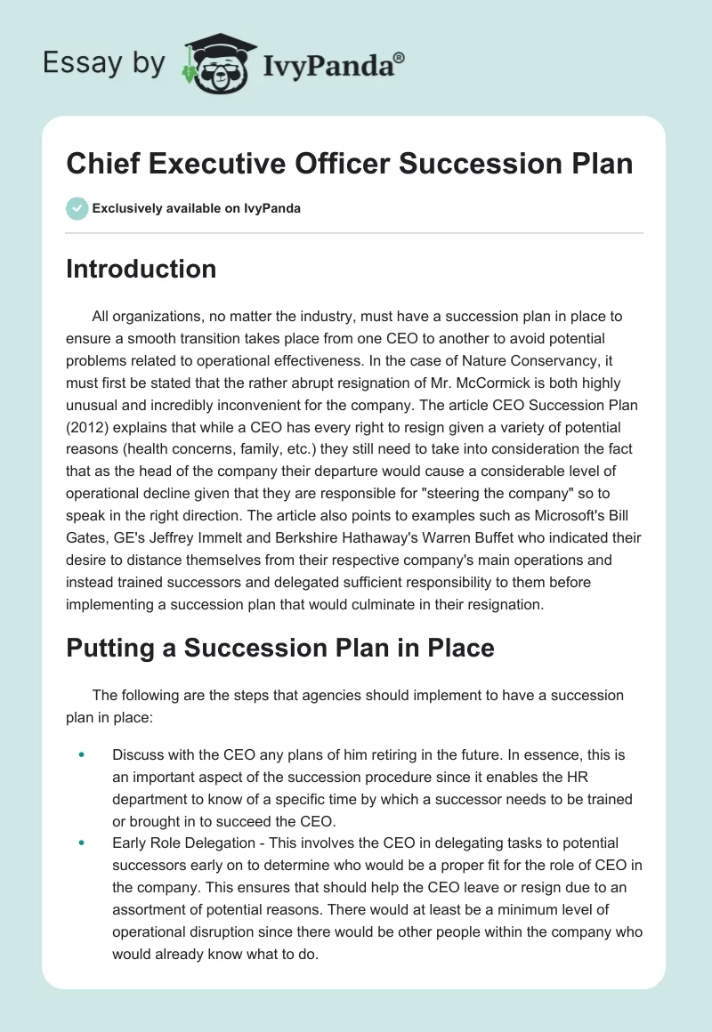 Chief Executive Officer Succession Plan. Page 1