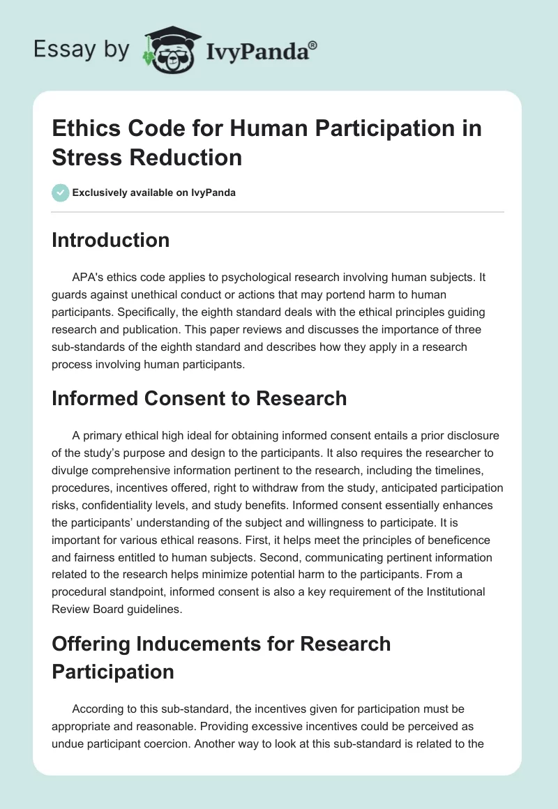 Ethics Code for Human Participation in Stress Reduction. Page 1