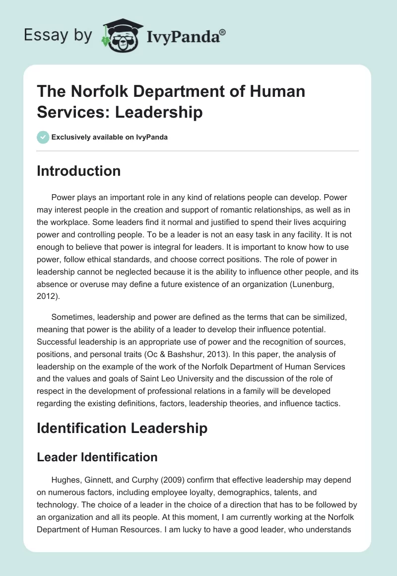 The Norfolk Department of Human Services: Leadership. Page 1