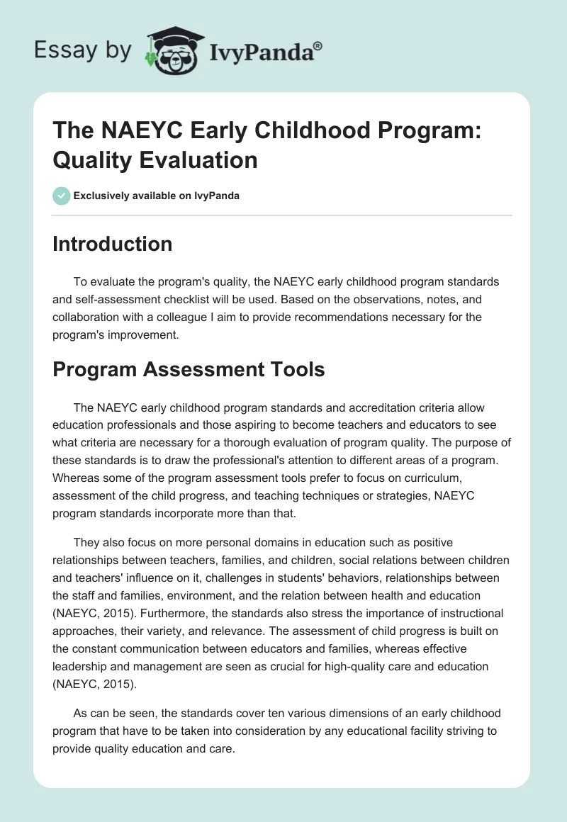 The NAEYC Early Childhood Program: Quality Evaluation. Page 1