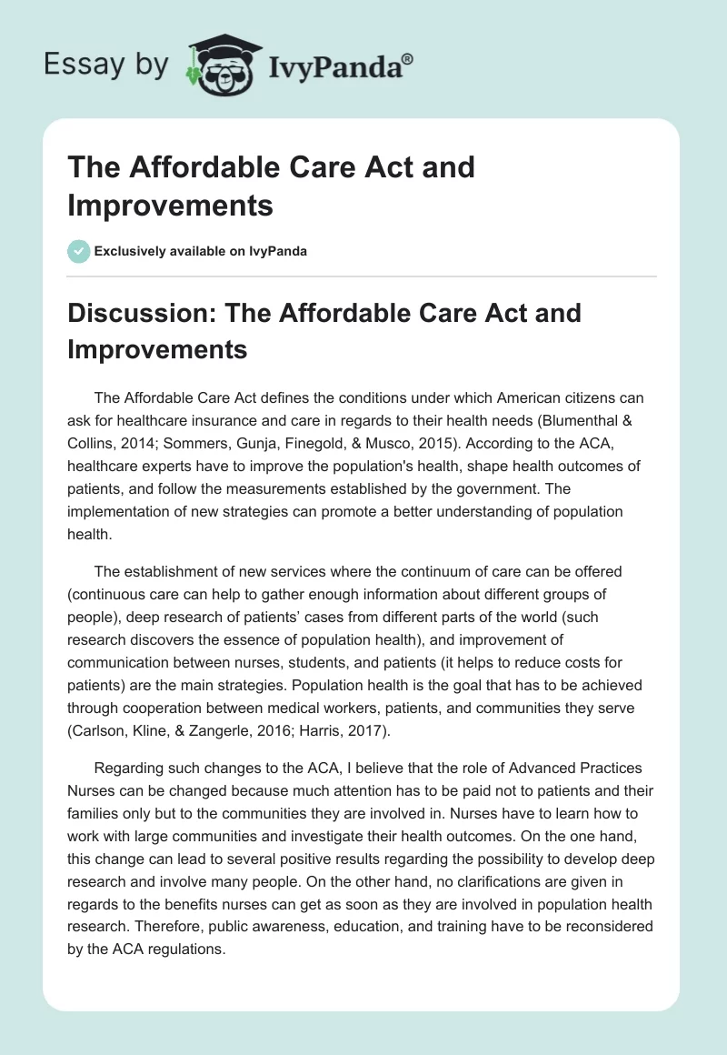 The Affordable Care Act and Improvements. Page 1