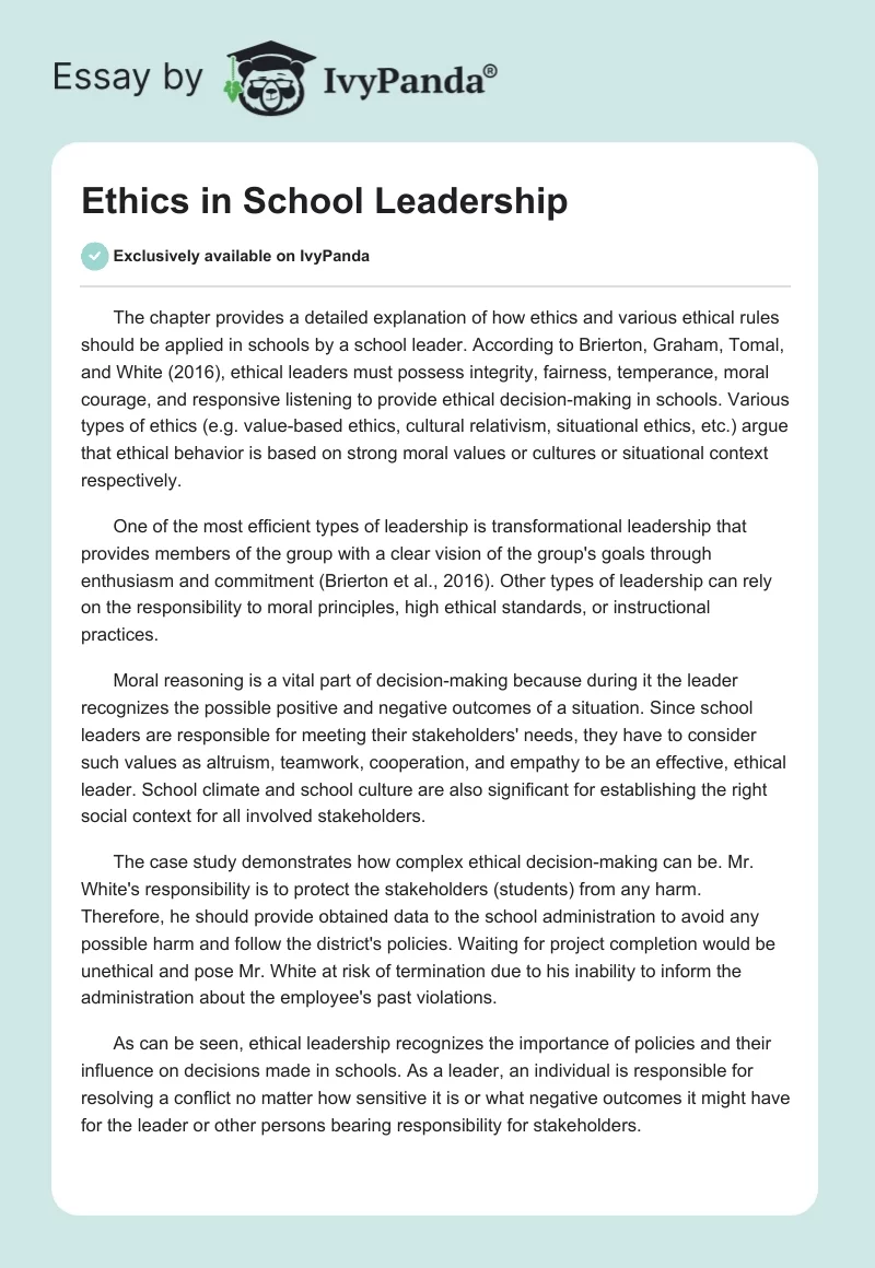 Ethics in School Leadership. Page 1
