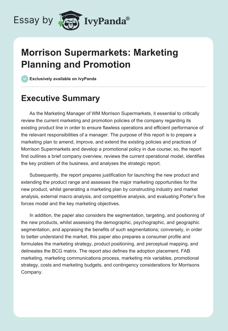 Morrison Supermarkets: Marketing Planning and Promotion. Page 1