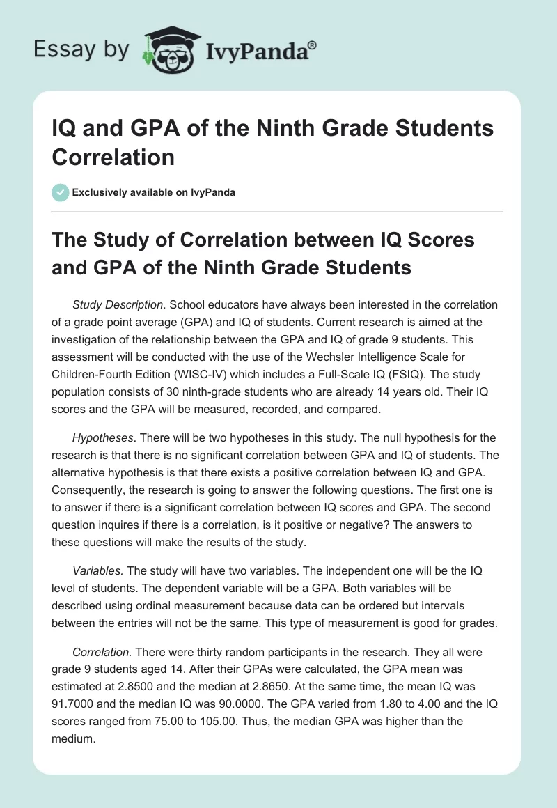IQ and GPA of the Ninth Grade Students Correlation. Page 1
