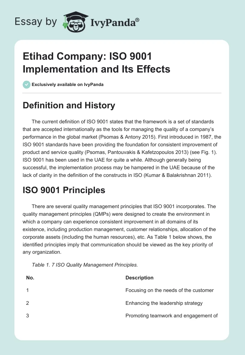 Etihad Company: ISO 9001 Implementation and Its Effects. Page 1