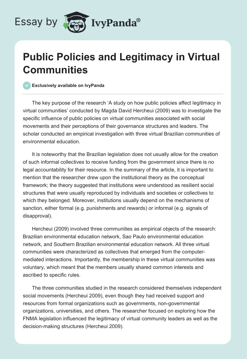 Public Policies and Legitimacy in Virtual Communities. Page 1