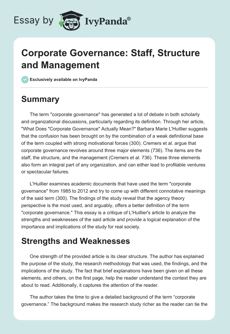 Corporate Governance: Staff, Structure and Management. Page 1