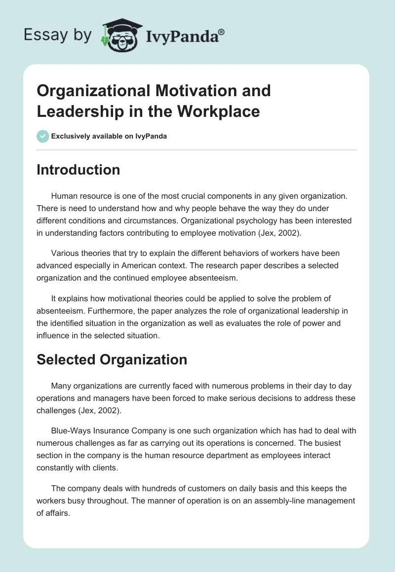 Organizational Motivation and Leadership in the Workplace. Page 1