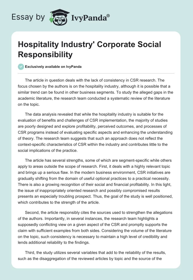Hospitality Industry' Corporate Social Responsibility. Page 1